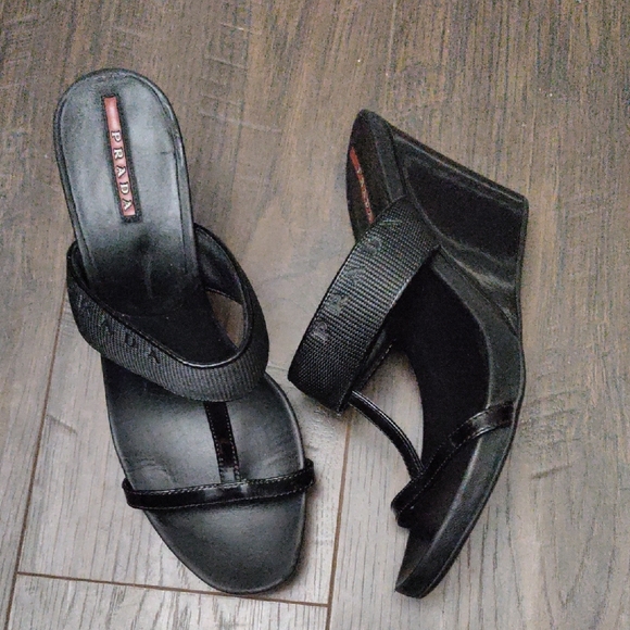 Prada Wedge "T" Strap Black Leather/Patent Leather Wedge Sandals - Picture 1 of 16